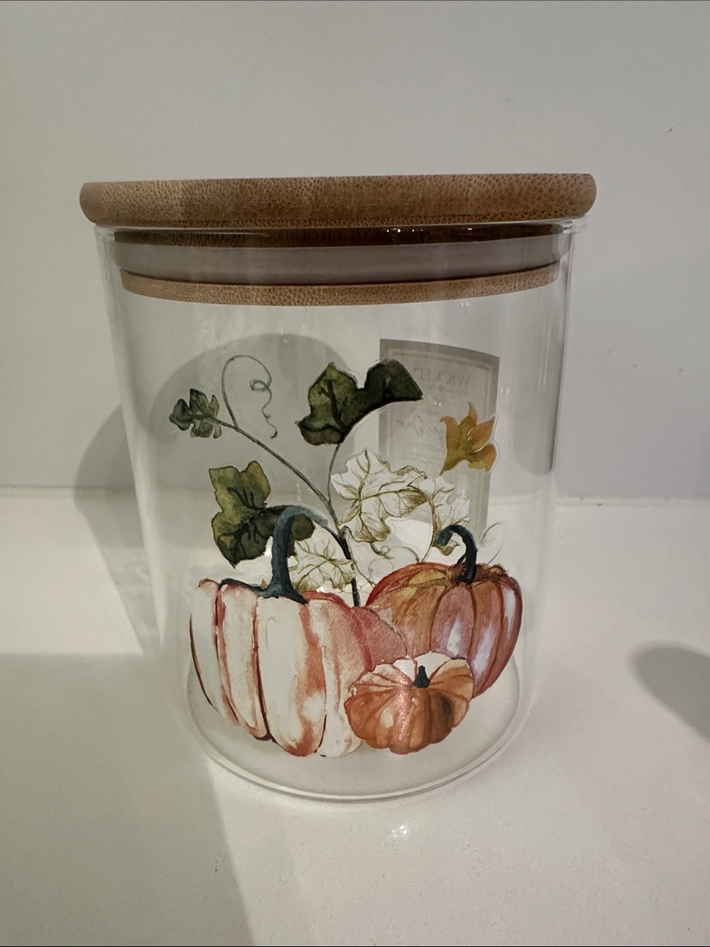 Glass Storage Jar with Autumn Pumpkin Design and Bamboo Lid